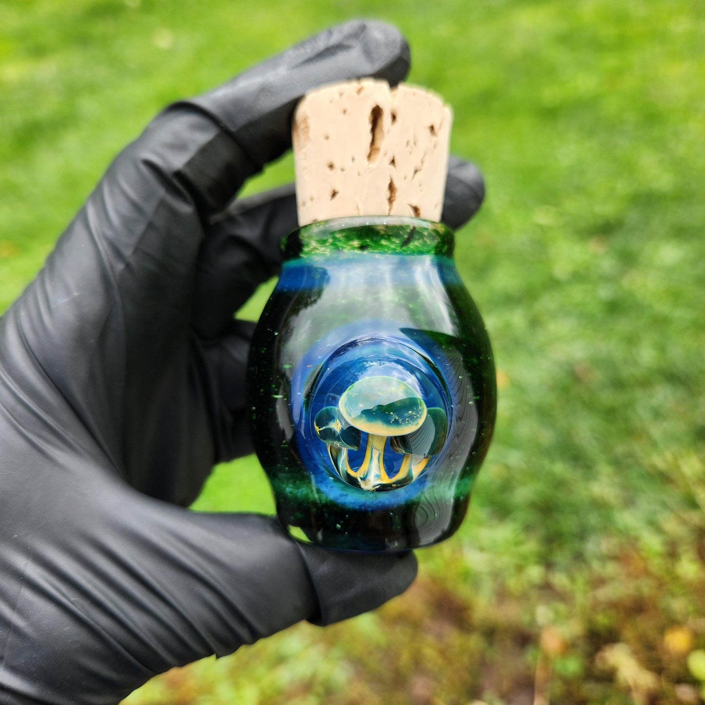 Experimental Green Frit Cork Jar – Hand-Blown Glass Jar with Triple Mushroom Decoration ≈1.5” Tall (Includes Cork)
