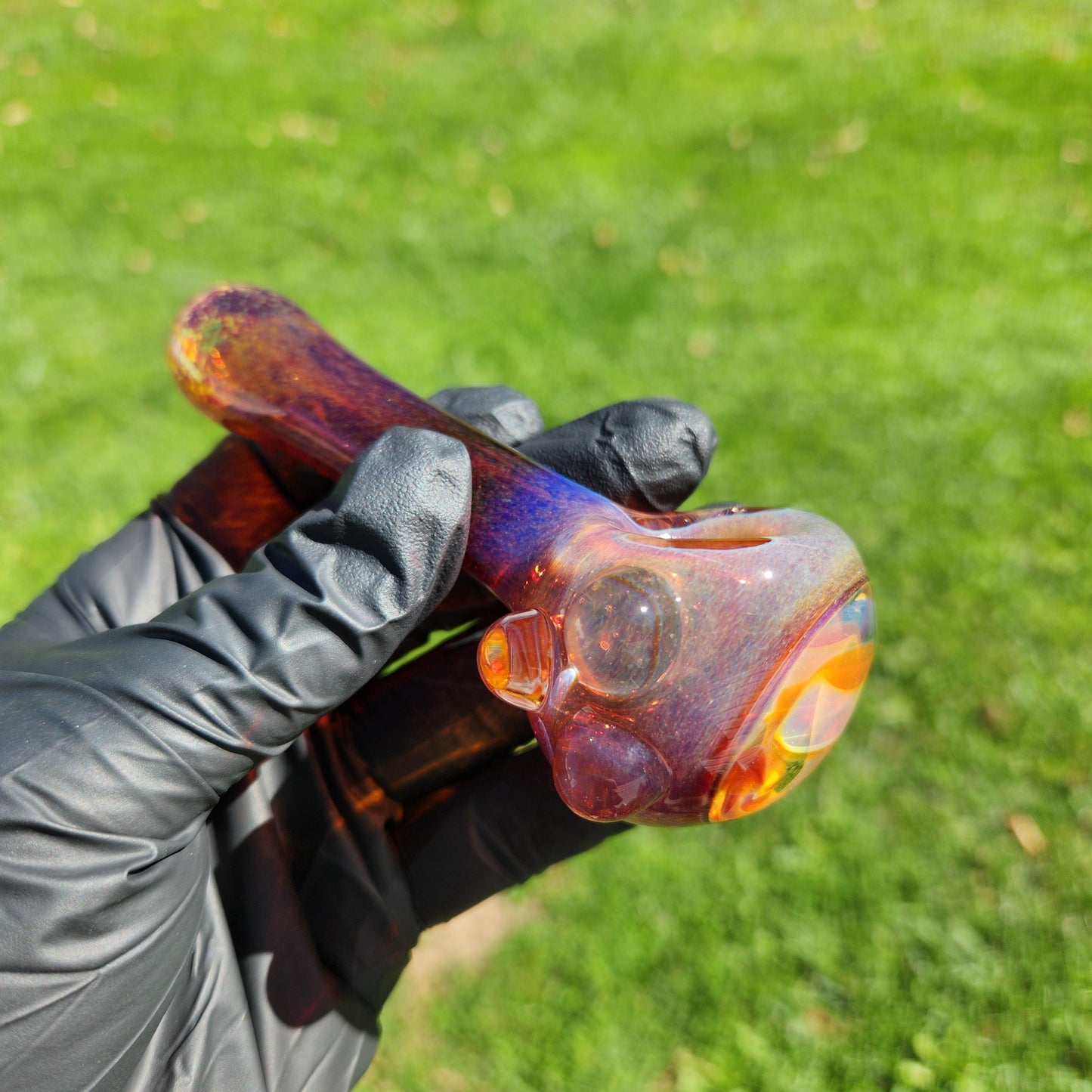 Amber Purple Frit Glass Pipe with Triple Mushroom Implosion – 4” Hand Pipe, Dot Accent, Unique Bowl Art, Ambers to Purple Color, Heady Piece