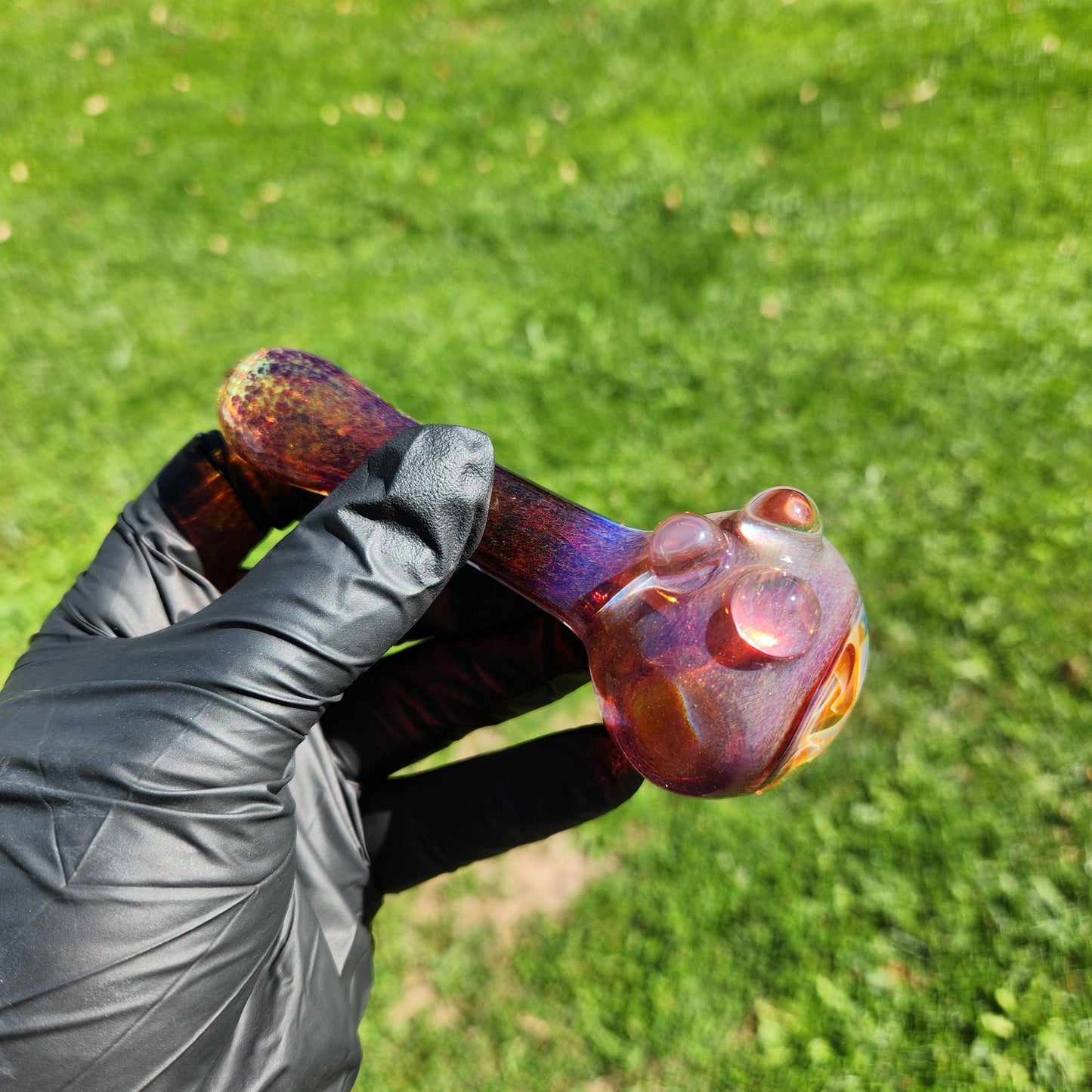 Amber Purple Frit Glass Pipe with Triple Mushroom Implosion – 4” Hand Pipe, Dot Accent, Unique Bowl Art, Ambers to Purple Color, Heady Piece