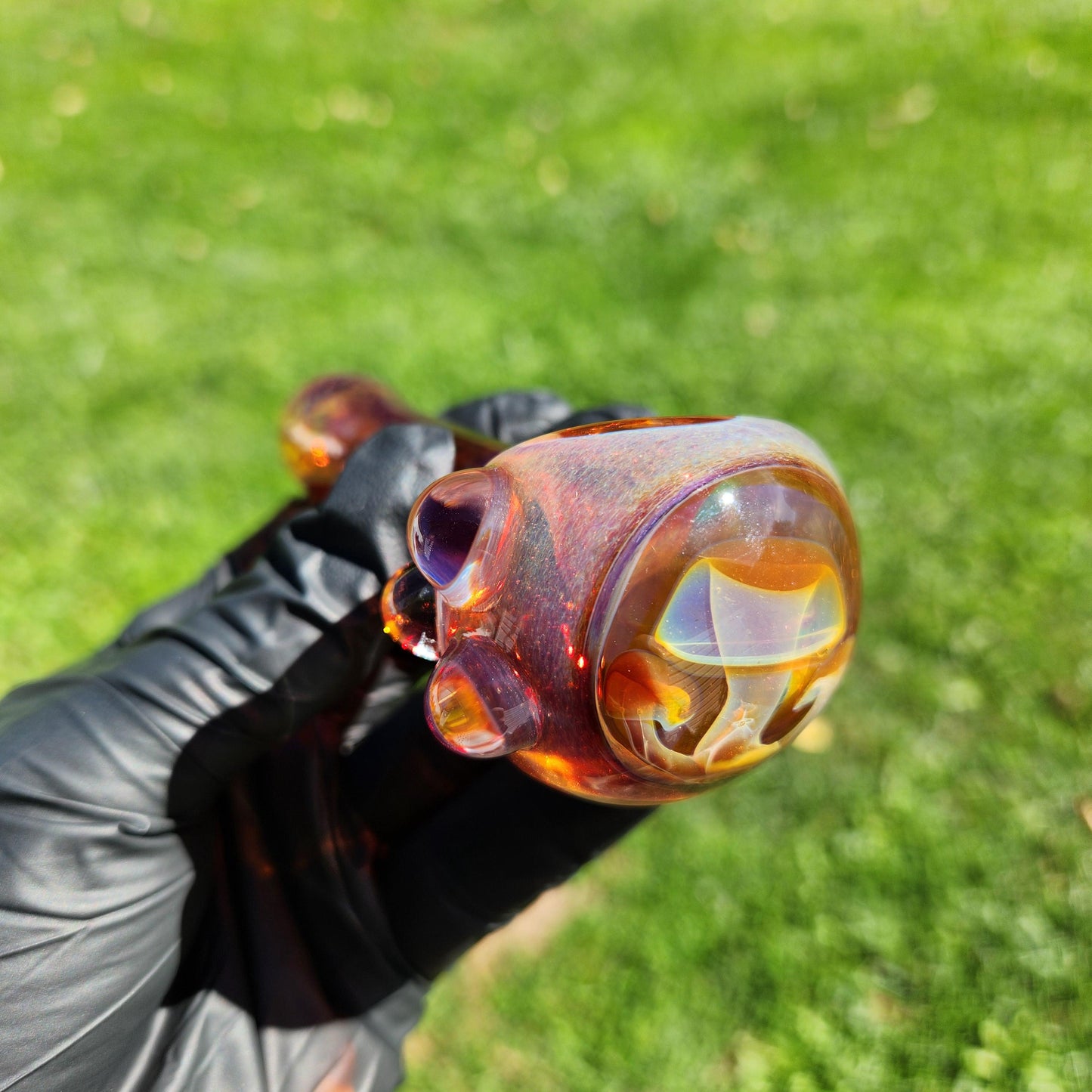 Amber Purple Frit Glass Pipe with Triple Mushroom Implosion – 4” Hand Pipe, Dot Accent, Unique Bowl Art, Ambers to Purple Color, Heady Piece