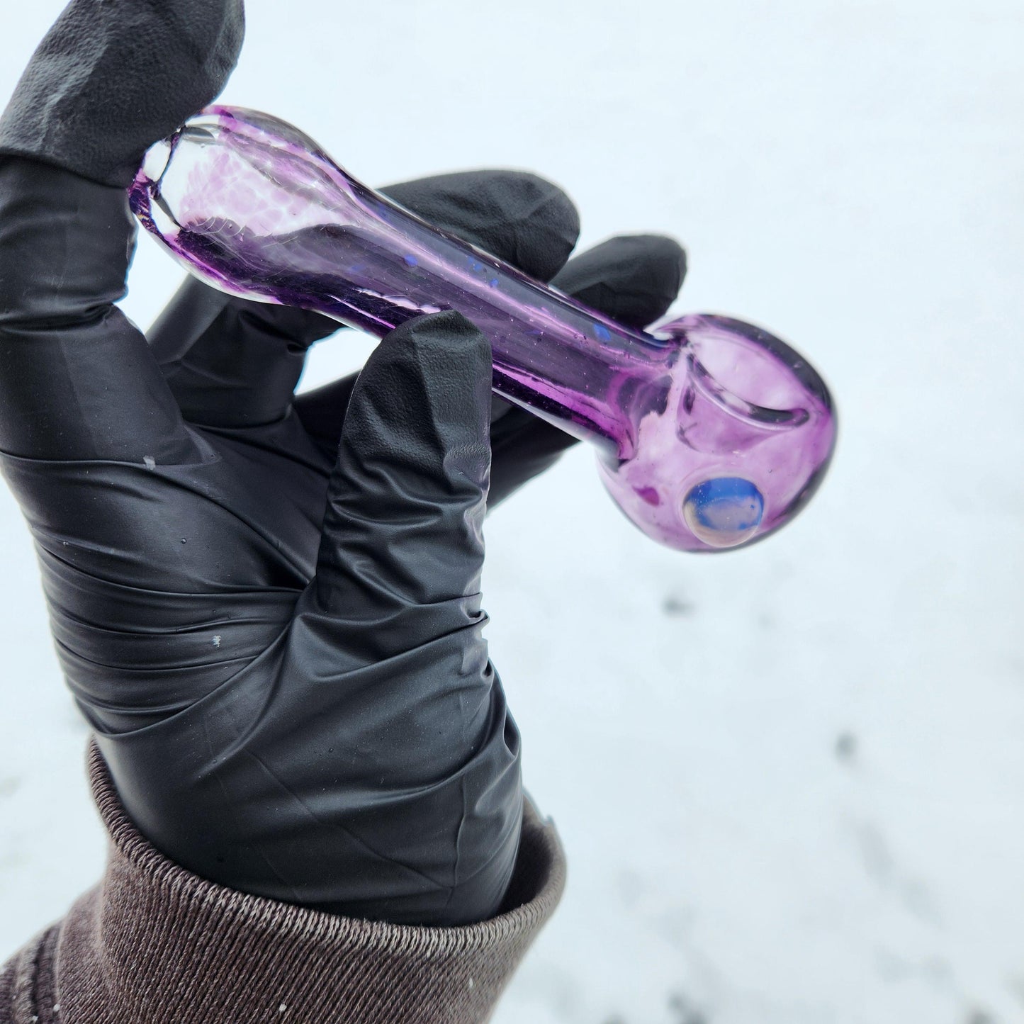 Gold Purple Frit Glass Pipe with Ghost White Dot – 4 Inch Deep Royal Purple Smoking Bowl, Hand Blown Glass Spoon Pipe