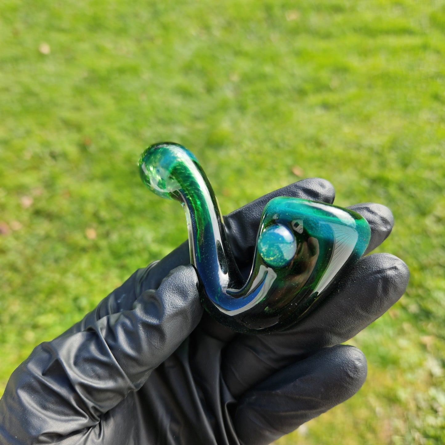 Experimental Green Frit Mini Sherlock Pipe | 3-4" Hand Blown Glass Pipe | Green to Blue-Black Color Shift | Compact Smoking Bowl