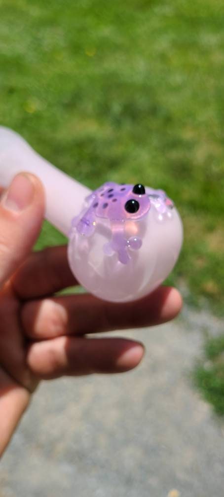 Pink Frit Glass Pipe with Slime Frog | 4" Hand Blown Pipe | Purple Frog Accent or Choose Any Color | Cute Nature-Inspired Bowl