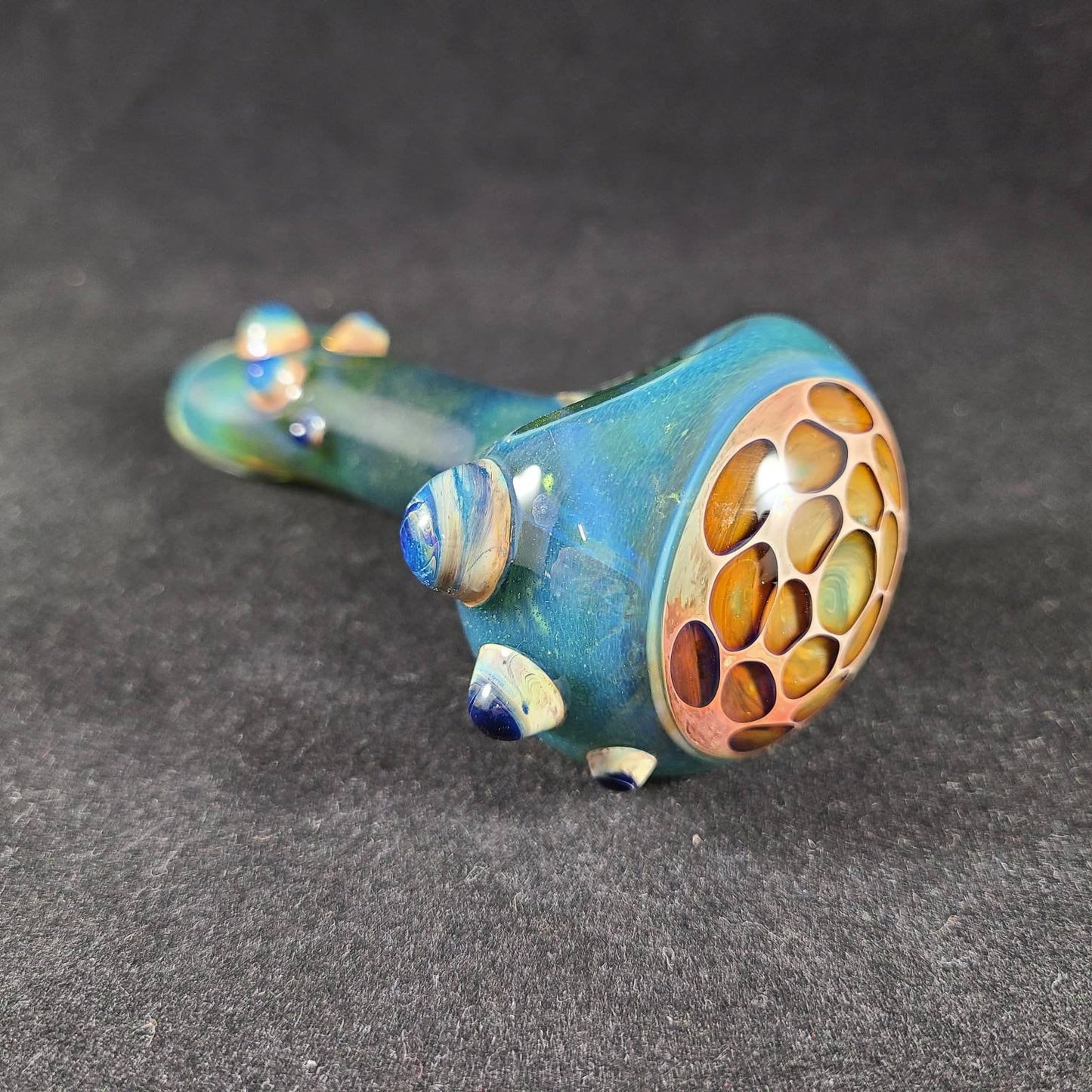 Honeycomb Glass Pipe / Blue Green Frit / Dots / Honey / Bee