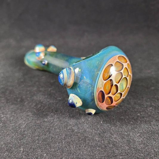 Honeycomb Glass Pipe / Blue Green Frit / Dots / Honey / Bee
