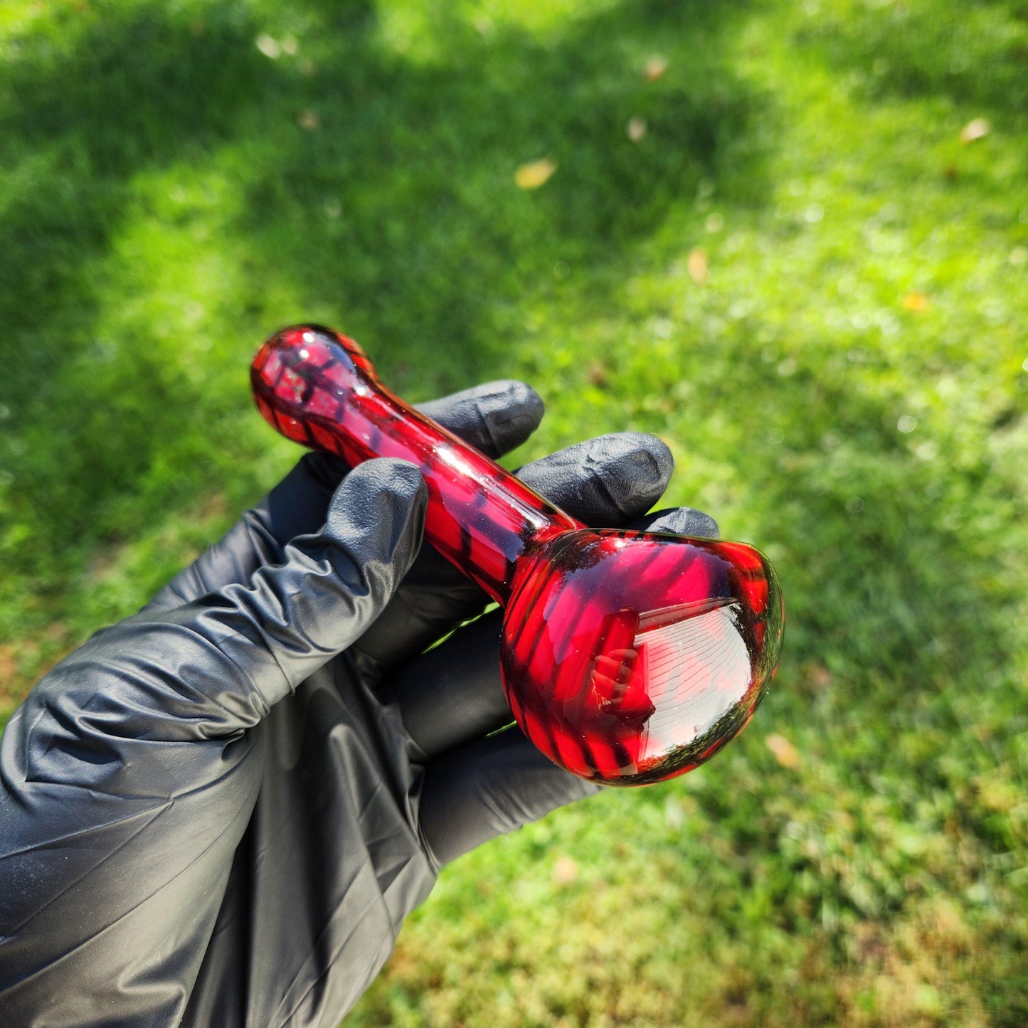 Red Web Glass Pipe – Handblown Spoon with Black Web Design – Heroic Vibes – Super Style Pipe – Comic-Inspired Art Glass Gift