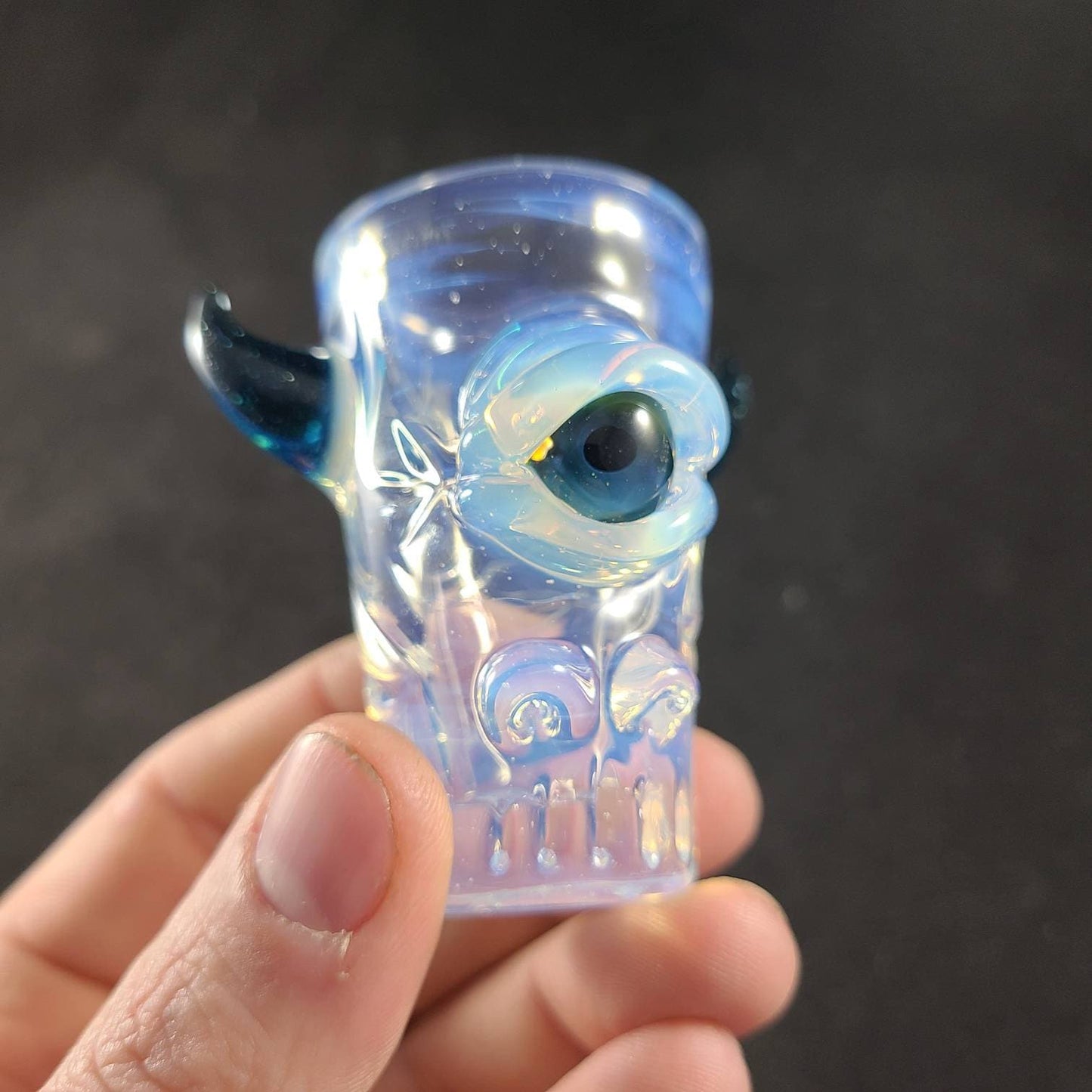 Ghost White Monster Shotglass | Milky Blue Hue Glass | Sculpted Eye, Nose Nubs & Blue Stardust Horns | Textured Hand Blown Shot Glass Cup