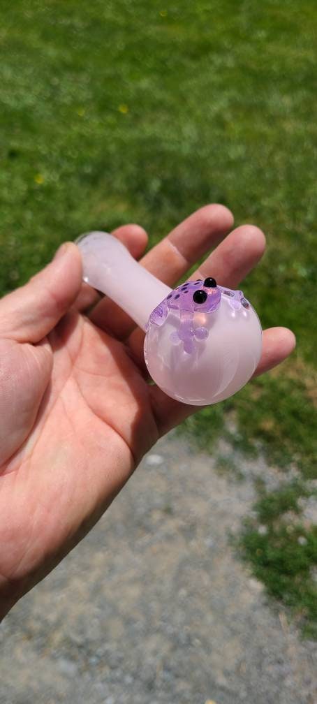 Pink Frit Glass Pipe with Slime Frog | 4" Hand Blown Pipe | Purple Frog Accent or Choose Any Color | Cute Nature-Inspired Bowl