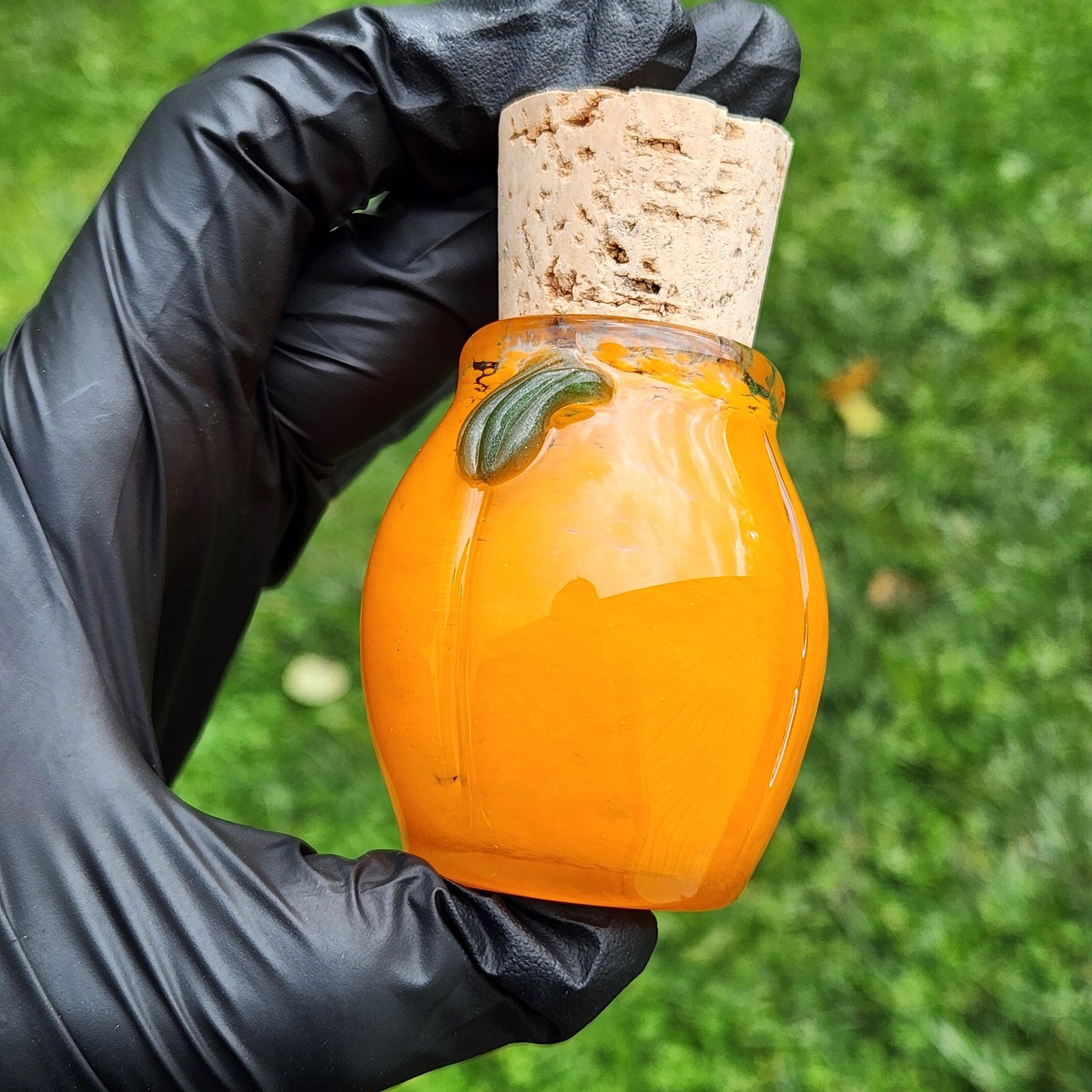 Orange Pumpkin Glass Jar – Hand Blown Orange Frit Storage Jar with Cork Lid, Fall Decor, Autumn Harvest Glass Art Jar