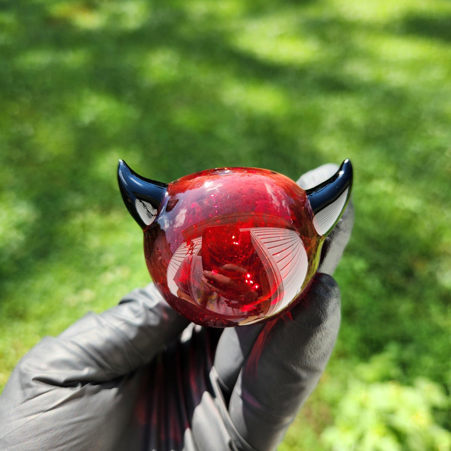 Devil Horn Glass Pipe with Tail-Shaped Neck | Red Frit Spoon with Sculpted Horns | Choose Red or Black | Hand-Blown Fiery Art Glass Bowl
