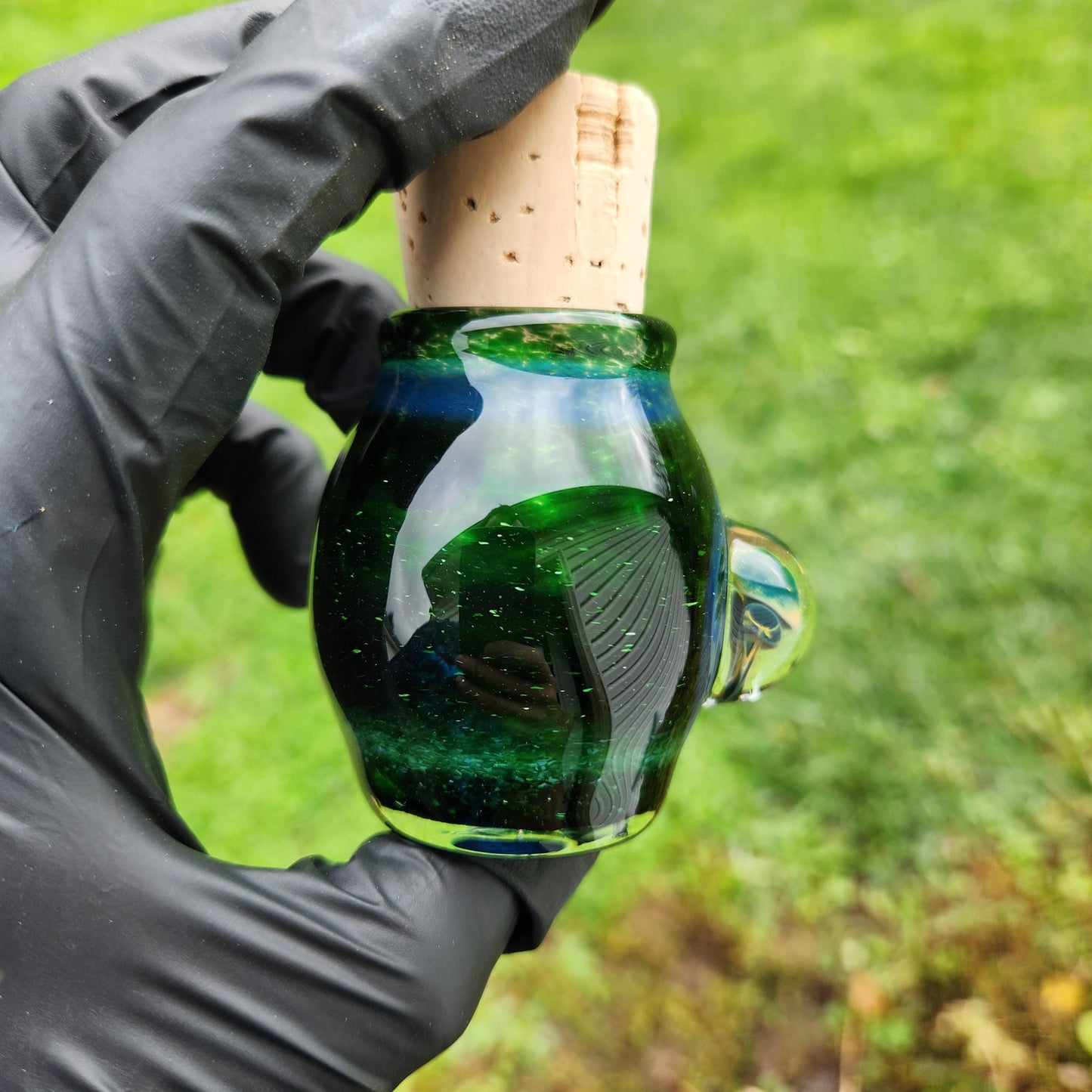 Experimental Green Frit Cork Jar – Hand-Blown Glass Jar with Triple Mushroom Decoration ≈1.5” Tall (Includes Cork)