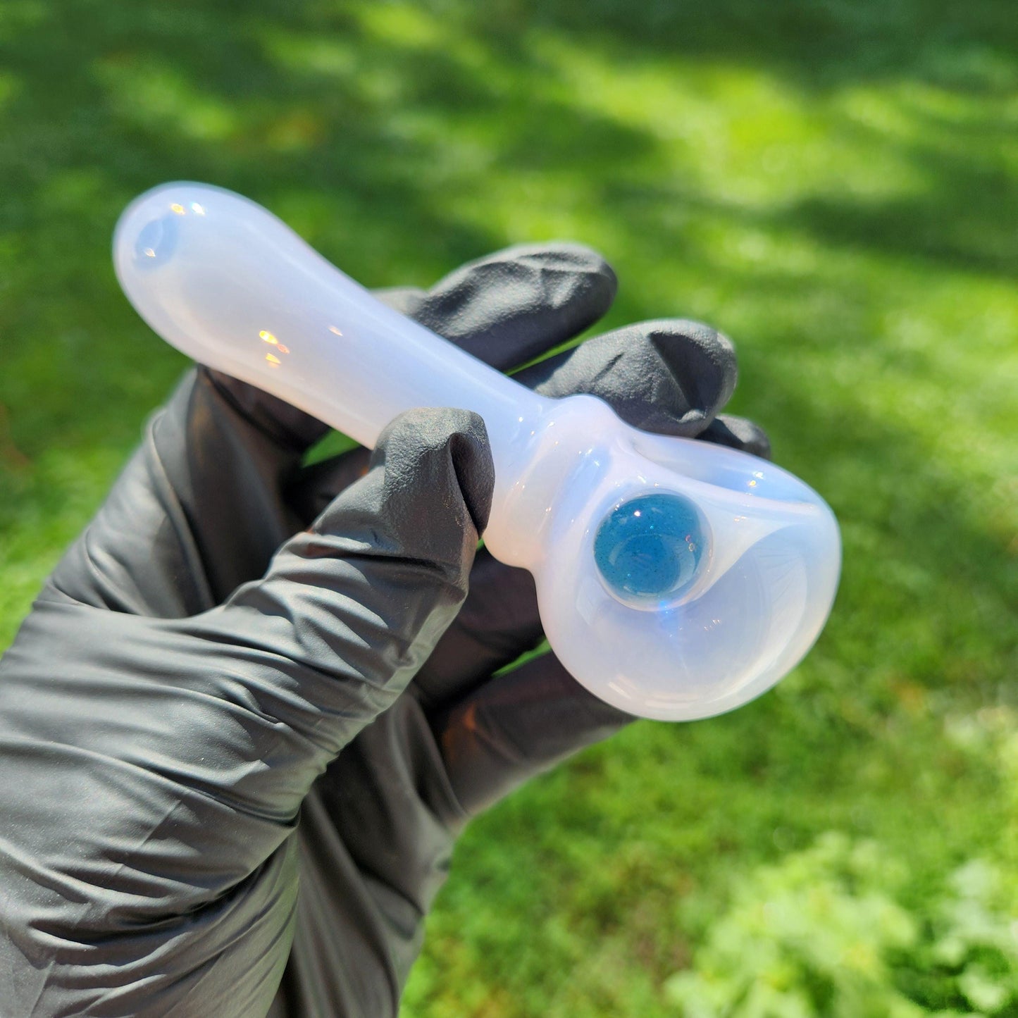 Milky Pink Glass Pipe with Blue Stardust Dot Accent – 4” Hand Pipe, Glitter Spoon Pipe, Unique Glass Smoking Pipe, Cute Aesthetic Piece