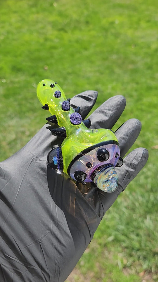 Hellstar Relics “Nebula Worm” Glass Pipe – Yellow Fume Chaos Galaxy w/ Purple Lens & Opal Accent Horned Spoon Pipe