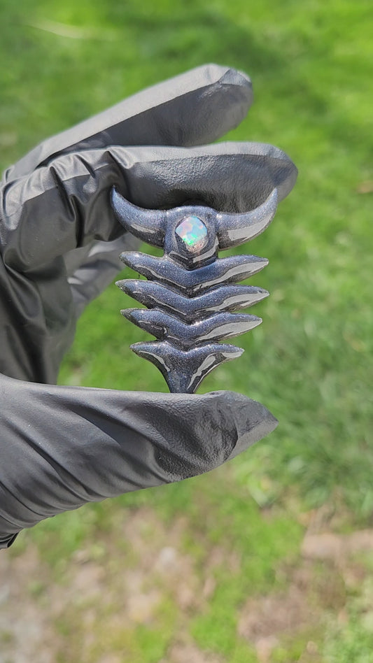 Ancient Alien Artifact Pendant – Steel Wool Grey Glass Arrowhead Necklace w/ Opal & Horned Crown | Heady Glass Jewelry