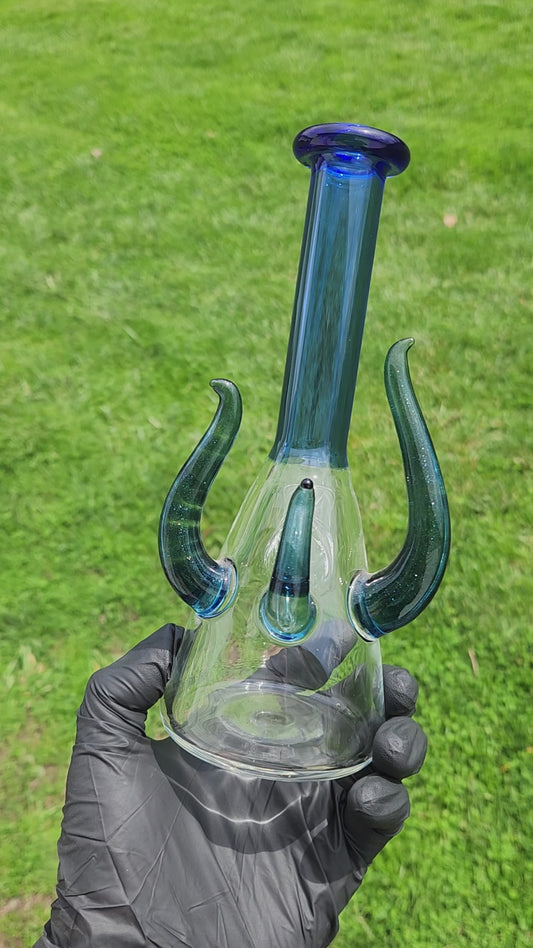 Alien Beaker Style Glass Water Pipe – Clear Bong w/ Blue Neck, Maria Mouthpiece, 14mm Downstem & Tentacle Accents