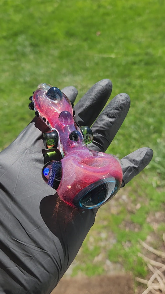 Hellstar Relics “Prism” Glass Spoon Pipe – Phoenix Red Pink w/ Bluestar Dust Lens, Galaxy Opal Core & Green Cylinder Accents
