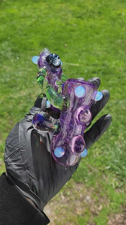 Ancient Alien Relic Glass Pipe – Transparent Gold Purple Hammer Pipe w/ Nebula Marble Accents