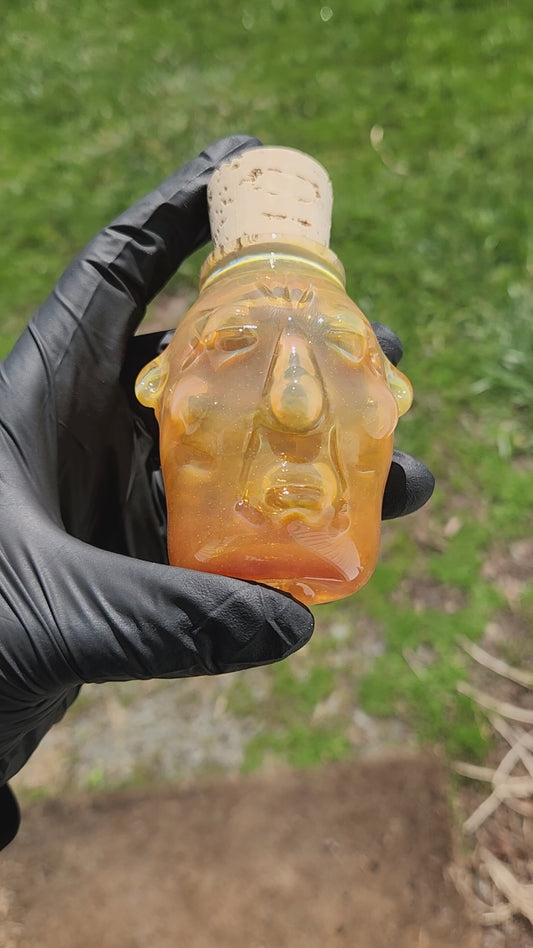 Nug Head Shamans Glass Stash Jar – Caramel Sand Sculpted Tribal Head Container | Amber-Orange Shifting Heady Glass Storage
