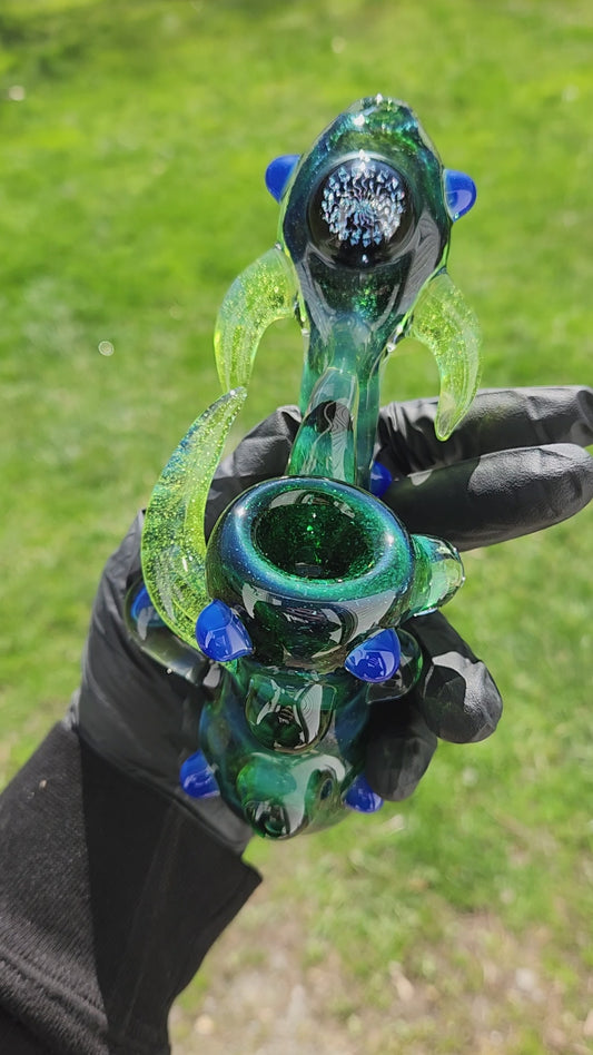 Ancient Alien Relic Glass Pipe – Experimental Green Hammer Pipe w/ Vortex Dichroic Marble