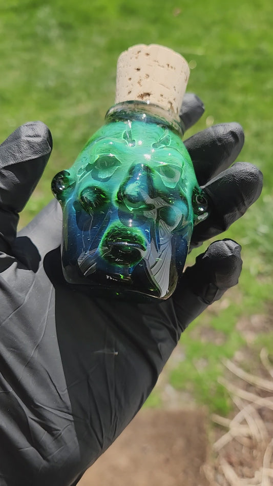 Nug Head Shamans Glass Stash Jar – Experimental Green Sculpted Tribal Head Container | Emerald-to-Blue Obsidian Heady Glass Storage